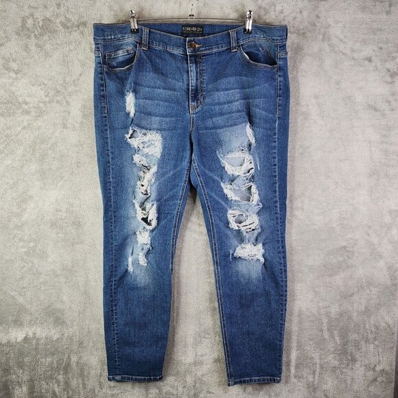 Forever 21 Denim - Womens Forever 21 Denim Blue Jeans Destressed Skinny Med Wash Plus Size 18